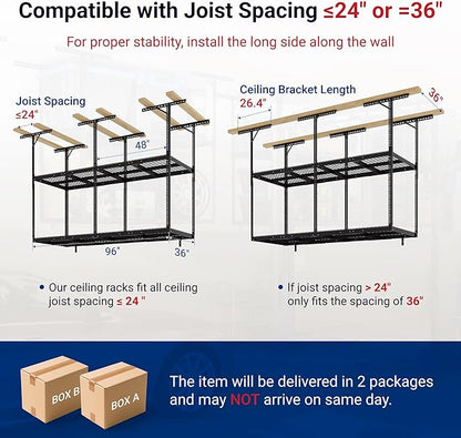 FLEXIMOUNTS 3x8 2-Tier Overhead Garage Storage Rack – Adjustable Heavy Duty Metal Garage Ceiling Storage Racks, 1000 lbs Capacity – Garages Organization System for 9–15 ft Tall Garages, Black