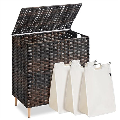 SONGMICS 3-Section Laundry Hamper with Lid, 42.2 Gal (160L) PE Rattan Laundry Basket with Removable Washable Liners, for Bedroom & Living Room, Chestnut Brown ULCB223ME01