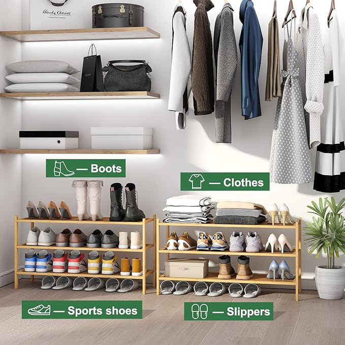 Long Shoe Rack, Bamboo Wood 3-Tier Shoe Rack for Entryway, Stackable | Foldable | Natural, Shoe Organizer for Hallway Closet, Free Standing Shoe Racks for Indoor Outdoor