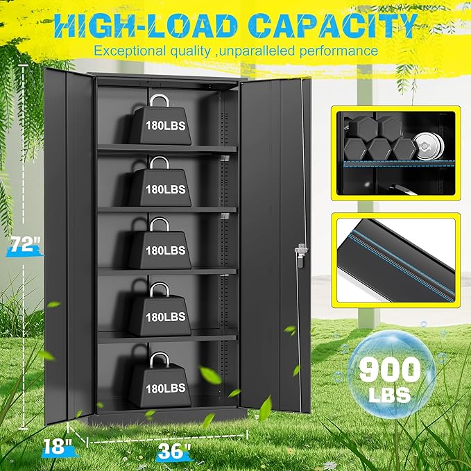 Pataku Metal Storage Cabinet, 72" Garage Cabinet with Doors and Shelves Lockable Steel Multifunctional Cabinets, Black File Cabinets for Home, Office, Garage, Warehouse(Black)