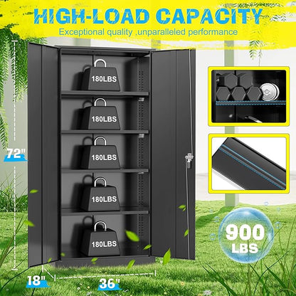 Pataku Metal Storage Cabinet, 72" Garage Cabinet with Doors and Shelves Lockable Steel Multifunctional Cabinets, Black File Cabinets for Home, Office, Garage, Warehouse(Black)