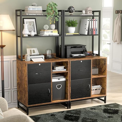 Homieasy Vertical Filing Cabinet with Bookshelf for Home Office, File Cabinet with Shelves, Lock & Charging Station, Drawer Office File Cabinets with Printer Stand, fits Letter Size, Rustic Brown