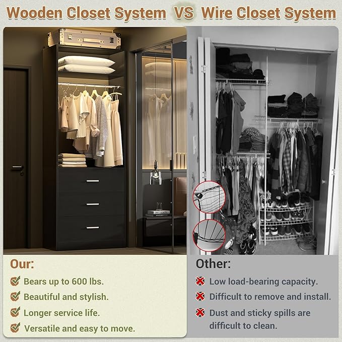 Closet System Set of 4, 8FT Closet Systems with 12 Wood Drawers, 96" Closet Organizer System with 4 Hanging Rods & 4 Shelves, Heavy Duty 96 Inch Walk-in Closet, Black (96"L x 15" W x 80" H)