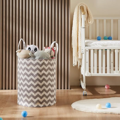 Baby Laundry Basket with Long Handles, 63L Collapsible Kids Laundry Hamper, Toy Storage Basket for Nursery, Bedroom Decor for Girls and Boys (Grey Chevron)