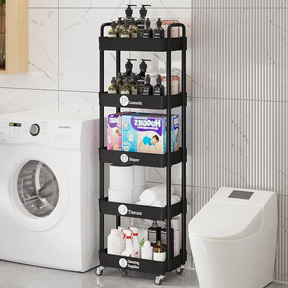 Laiensia Multifunction Utility Rolling Cart, 5-Tier Plastic & Metal Storage Organizer, Black, Lockable Wheels, Modern Style, Indoor Use