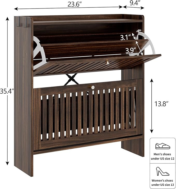 wanan 31.5" Shoe Cabinet with 2 Flip Slatted Drawers, Adjustable & Removable Panels, Narrow Shoe Cabinet Storage for Entryway, Hallway, Shoe Rack Organizer Cabinet, Walnut