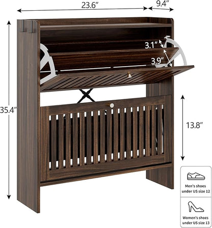 wanan 31.5" Shoe Cabinet with 2 Flip Slatted Drawers, Adjustable & Removable Panels, Narrow Shoe Cabinet Storage for Entryway, Hallway, Shoe Rack Organizer Cabinet, Walnut