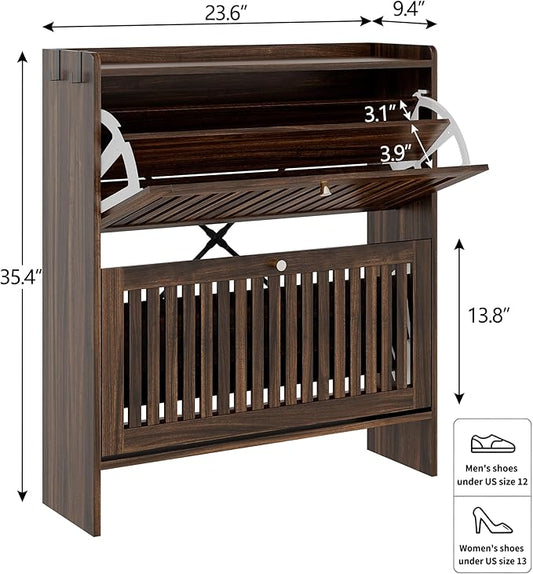 wanan 31.5" Shoe Cabinet with 2 Flip Slatted Drawers, Adjustable & Removable Panels, Narrow Shoe Cabinet Storage for Entryway, Hallway, Shoe Rack Organizer Cabinet, Walnut