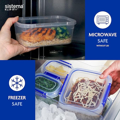 Sistema KLIP IT PLUS Food Storage Containers | 3.35 L | Leak-Proof, Stackable & Airtight Fridge/Freezer Containers with Lids | BPA-Free Plastic | Blue Clips | 3 Count