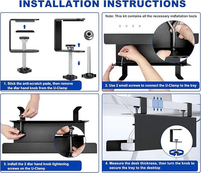ZhiYo Steel 15.8in Cable Management Under Desk Tray, XL Clamp-On Under Table Cable Tray, No Drill Cord Hider Organizer for Desk, Wire Management Raceway, Black, W4.9in x H5.9in