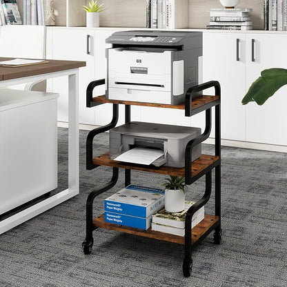 Natwind 3-Tier Printer Stand with Wheels Movable Storage Cart Floor-Standing Multi-Purpose Shelf Rack for Media Player Scanner Files Books Microwave Oven in Kitchen Living Room Home Office (Retro)