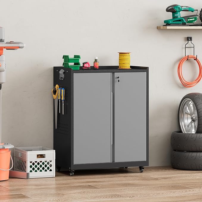 Garage Storage Cabinet with Wheels, Metal Storage Cabinets for Hanging Tools, Rolling Tool Cabinet, 34''H Heavy Duty & Rust Resistant Storage Cabinet for Garage, Warehouse, Office