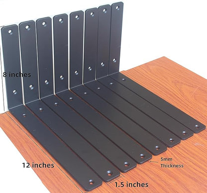 8 Pack - L 12" x H 8" x W1.5, 5mm Thick Black L Shelf Bracket, Iron Shelf Brackets, Metal Shelf Brackets, Floating Shelf, Shelf Supports with Screws