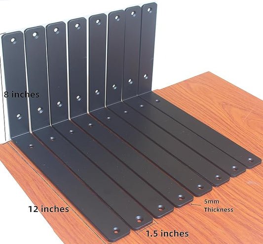 6 Pack - L 12" x H 8" x W1.5, 5mm Thick Black L Shelf Bracket, Iron Shelf Brackets, Metal Shelf Brackets, Floating Shelf, Shelf Supports with Screws