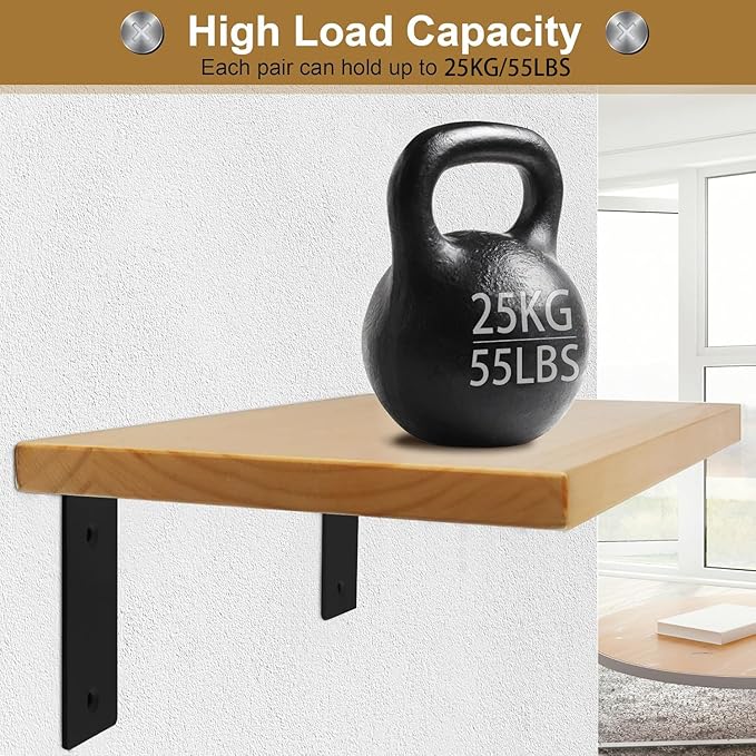 Alise Floating Shelf Brackets Heavy Duty L-Shaped Wall Brackets - Black Angle Corner Braces for Shelves, Stainless Steel Reinforced Shelf Support Bracket for Wooden Boards 7x4 Inch,Pack of 4