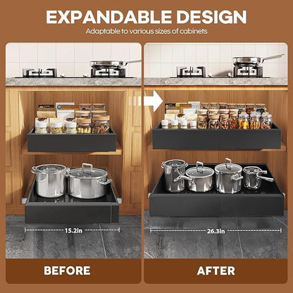2 Pack Expandable Pull Out Cabinet Organizer 21"Deep With Raising Pad for Framed Cabinets,Upgrade 3 Slide Rails Slide Out Drawers,Roll Out Shelves Adhesive,Adjustable Width 15.15"-26.3" Black