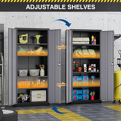 Metal Storage Cabinet-72” Tall Steel File Cabinets with Lockable Doors and Adjustable Shelves-Black&Gray Steel Storage Cabinet for Kitchen, Office, Garage