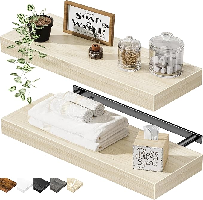 QEEIG Bathroom Floating Shelves for Wall - 15.7" Wall Mounted Shelf Over Toilet Farmhouse Home Decor Display Bookshelf Small 15.7 x 6.7 inch Set of 2, Natural (008-40N)