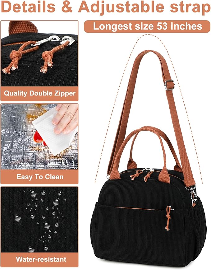 Bluboon Lunch Bag for Women Cute Corduroy Lunch Tote Bags with Shoulder Strap Reusable Insulated Lunch Box Large Capacity Reusable Insulated Cooler for Work Picnic or Travel (13L)