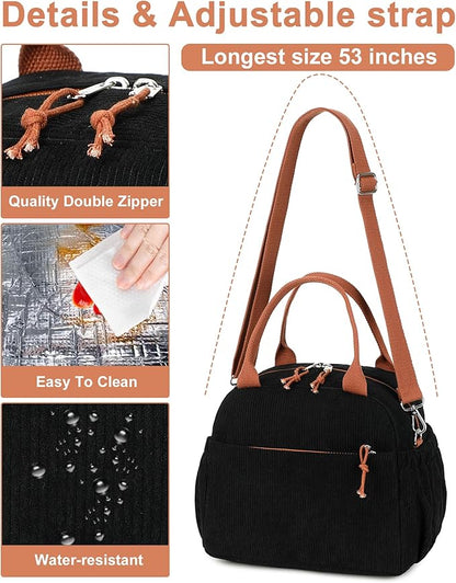 Bluboon Lunch Bag for Women Cute Corduroy Lunch Tote Bags with Shoulder Strap Reusable Insulated Lunch Box Large Capacity Reusable Insulated Cooler for Work Picnic or Travel (13L)