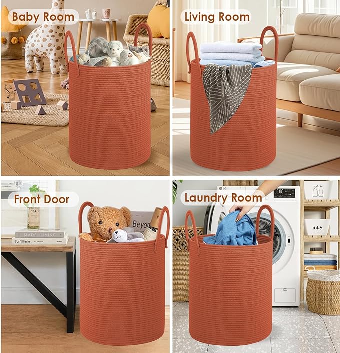 Cotton Rope Laundry Basket, Large Capacity Storage Bin with Handles, Blanket Basket for Living Room, Ribbed Texture, Brick Red, XX Large 100L