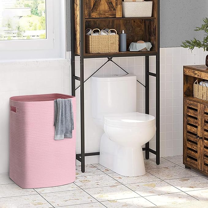 Large Laundry Hamper 16"x13"x22" - Tall Woven Laundry Basket, Cotton Rope Dirty Clothes Hamper, Baby Kids Nursery Wicker Laundry Basket, Bedroom Aesthetic, Soft Laundry Bin, Pink Hamper, 75L