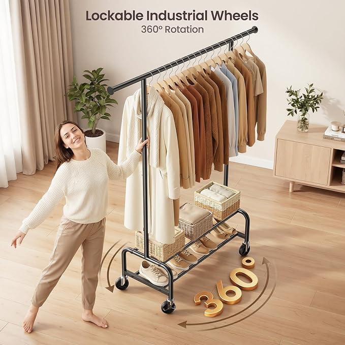 Clothes Rack for Hanging Clothes, Portable Clothing Rack with Wheels Sturdy Garment Organizer Metal Portable Wardrobe Closet with Double Shelves for Bedroom Laundry Living Room, Black