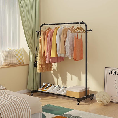 Sywhitta Clothing Rack on Wheels with Storage Shelf & Sturdy Metal Frame, Retail Clothing Rack for Hanging Clothes, Coats, Skirts,Space-Saving Mobile Organizer for Closet, Bedroom, Laundry Room, Black