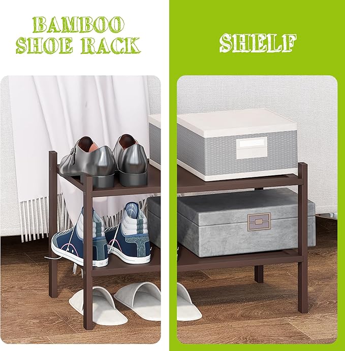 BMOSU 2-Tier Bamboo Small Shoe Rack Premium Stackable Shoe Shelf Storage Organizer for Hallway Closet Living Room Entryway Organizer(Brown)