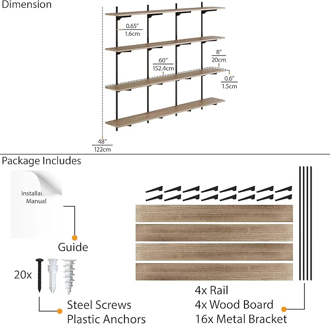 Wallniture Turin 60" Long Wall Bookshelf, Floating Shelves for Bookcase, Storage Shelves with Adjustable Standard Rail Bracket System, Burnt Finish