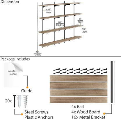 Wallniture Turin 60" Long Wall Bookshelf, Floating Shelves for Bookcase, Storage Shelves with Adjustable Standard Rail Bracket System, Burnt Finish