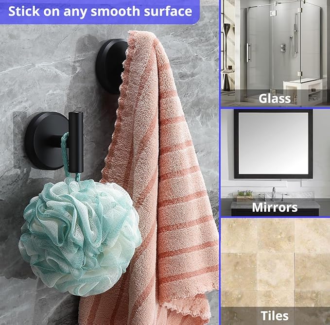 HOME SO Suction Cup Hooks for Shower & Bathroom Towel Holder 2-Pack – Suction Cups Hooks for Hanging Towels, Robes, & Coats - Tiles, Glass Door or Mirror – Shower Hooks & Towel Hooks - Black T-Shape