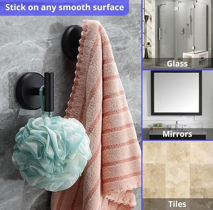 HOME SO Suction Cup Hooks for Shower & Bathroom Towel Holder 2-Pack – Suction Cups Hooks for Hanging Towels, Robes, & Coats - Tiles, Glass Door or Mirror – Shower Hooks & Towel Hooks - Black T-Shape