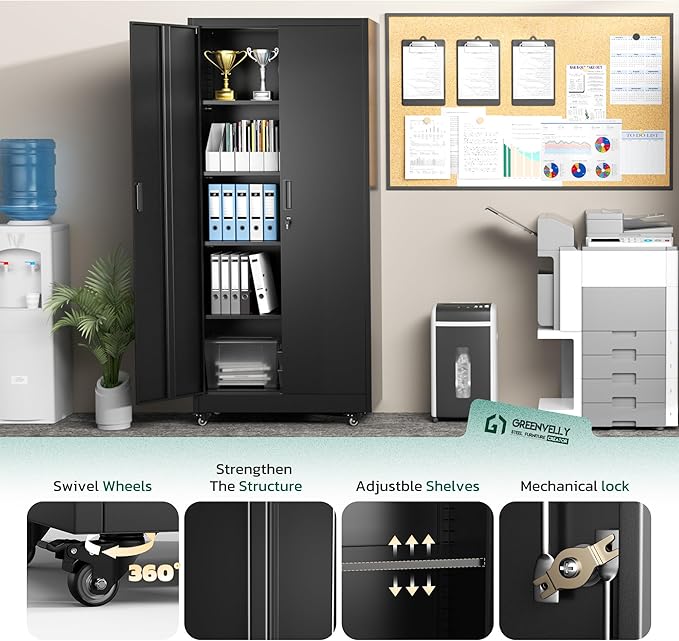 Greenvelly 73" Storage Cabinet with Wheels,Metal Rolling Garage Cabinet with Locking Doors and 4 Adjustable Shelves for Home,Kitchen,Office,Warehouse(32" W x 16" D)