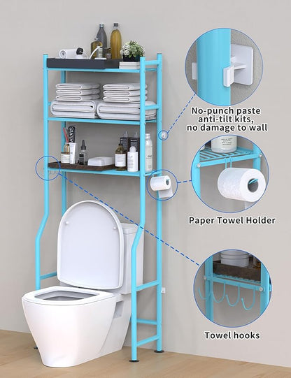 3-Tier Over The Toilet Storage, Freestanding Metal Bathroom Shelves with 4 Hooks, Over Toilet Storage Shelf with Paper Holder, Above The Toilet Shelf for Bathroom Storage, Blue