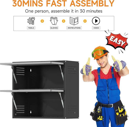 Metal Garage Wall Cabinet with Up-Flip Door, Black Float Tool Cabenit with 2 Doors,Upper Storage Cabinets with Pegboard for Kitchen,Garage,Workshop,Warehouse (25.6" H,Black&Gray)
