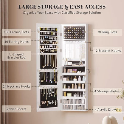 Vlsrka 47.2" LED Jewelry Mirror Cabinet, Wall/Door Mounted Jewelry Armoire Organizer with Full Length Mirror, Large Storage Hanging Cabinet, 4 Drawers, 5 Shelves (White)