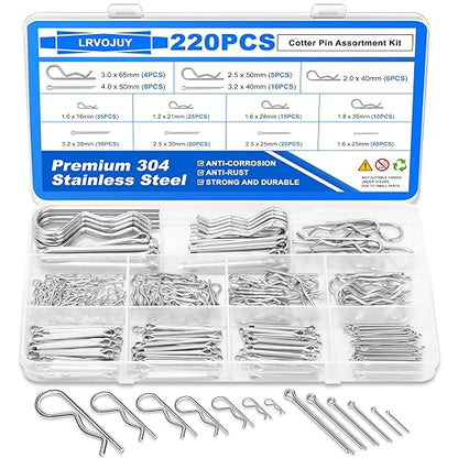 Cotter Pin Assortment Kit, 220PCS Cotter Pins 13 Sizes Premium 304 Stainless Steel Heavy Duty R Clips & Hairpin Split Pin Set, Hardware Pins for Automotive, Trailer, Pin Lock System