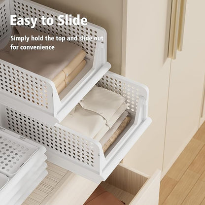 Proarea Stackable Plastic Storage Basket Closet Organizer Bin Foldable Clothes Organizer Storage Drawer Shelf Container for Living Room Bathroom Kitchen Office Laundry Room