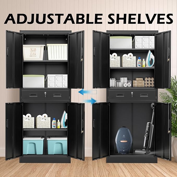 CMY Metal Storage Cabinet, 71" H x 28" W x 16" D Locking Storage Cabinet with Adjustable Shelves and One Drawer, Steel Cabinets for Office, Garage, Home, School, Utility Room(Black)