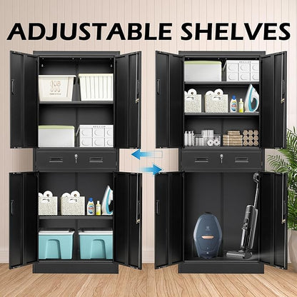 CMY Metal Storage Cabinet, 71" H x 28" W x 16" D Locking Storage Cabinet with Adjustable Shelves and One Drawer, Steel Cabinets for Office, Garage, Home, School, Utility Room(Black)
