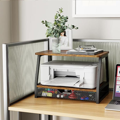 Printer Stand with Storage - 3D Printer Table Office Organizer for Desk Top Organizing, 2-Tier File Holder, Paper Storage and Desktop Shelf for Computer Printer Stand with Drawers Rustic Brown