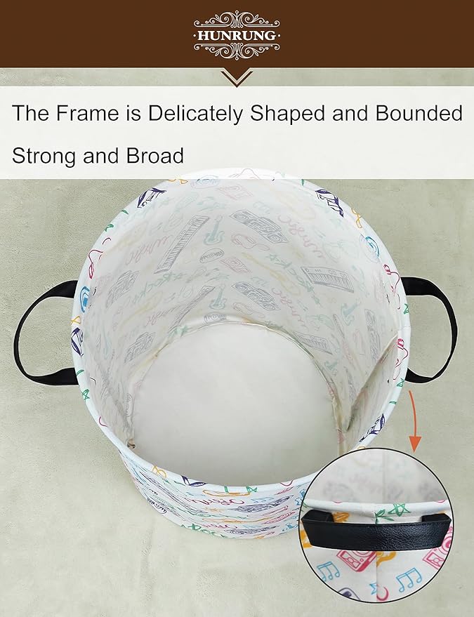 HUNRUNG Laundry Hamper,Large Canvas Fabric Lightweight Storage Basket Toy Organizer Dirty Clothes Collapsible Waterproof for College Dorms（Round-Musical instrument）