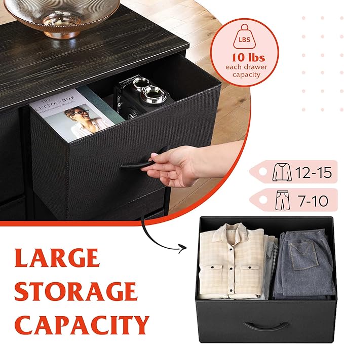 WLIVE Tall Dresser for Bedroom with 10 Drawers, Chest of Drawers, Dressers Bedroom Furniture, Black Dresser with Fabric Bins for Closet, Hallway, Living Room, Entryway