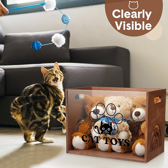 Large Cat Toy Basket Cat Toy Box Wooden Storage Bin with Acrylic Board Storage Box for Puppy Toys Pet Food and Accessories Organizer Holder Basket for Living Room Area(Brown, Cat)