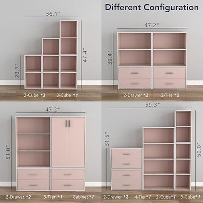 Homes: Inside + Out Apexa 4-Cube Storage Organizer Shelves, Stackable Wood Bookcase Fits Cubby Bins for Organization, Dorm Teen Room Decor & Home Office, Light Pink
