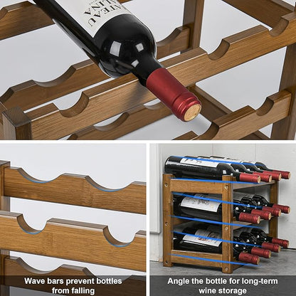 VASMIA Bamboo Wine Rack, Sturdy and Durable Wine Storage Cabinet Shelf, Wine Racks Countertop for Pantry,Kitchen,3-Tier 12 Bottles Wine Rack, Walnut