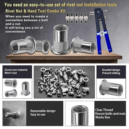 SAE Pressure Rivet Nut Tool Kit 530pcs, inch Rivet Nut Combination （5/16-18、1/4-20、10-24、8-32、6-32）,Suitable for Automotive, and Industrial Applications (SAE 530pcs Aluminum Rivet Nut)