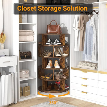 Aheaplus Rotating Shoe Rack, 5-Tier Wood Shoe Organizer for Closet, 360° Spinning Shoe Rack Tower Space-Saving Shoe Storage Shelf for Entryway, Garage, Bedroom, Rustic Brown