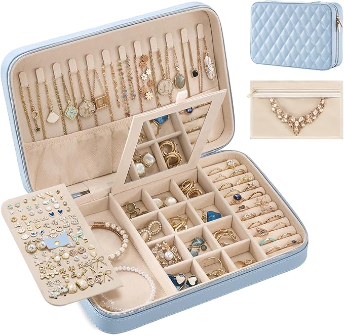 Lolalet Travel Jewelry Case for Women Girls, Travel Jewelry Organizer Box with Mirror & Clear Storage Bag, Small Portable Earring Necklace Bracelet Ring Case, Birthday Valentine Gifts -Large, Blue
